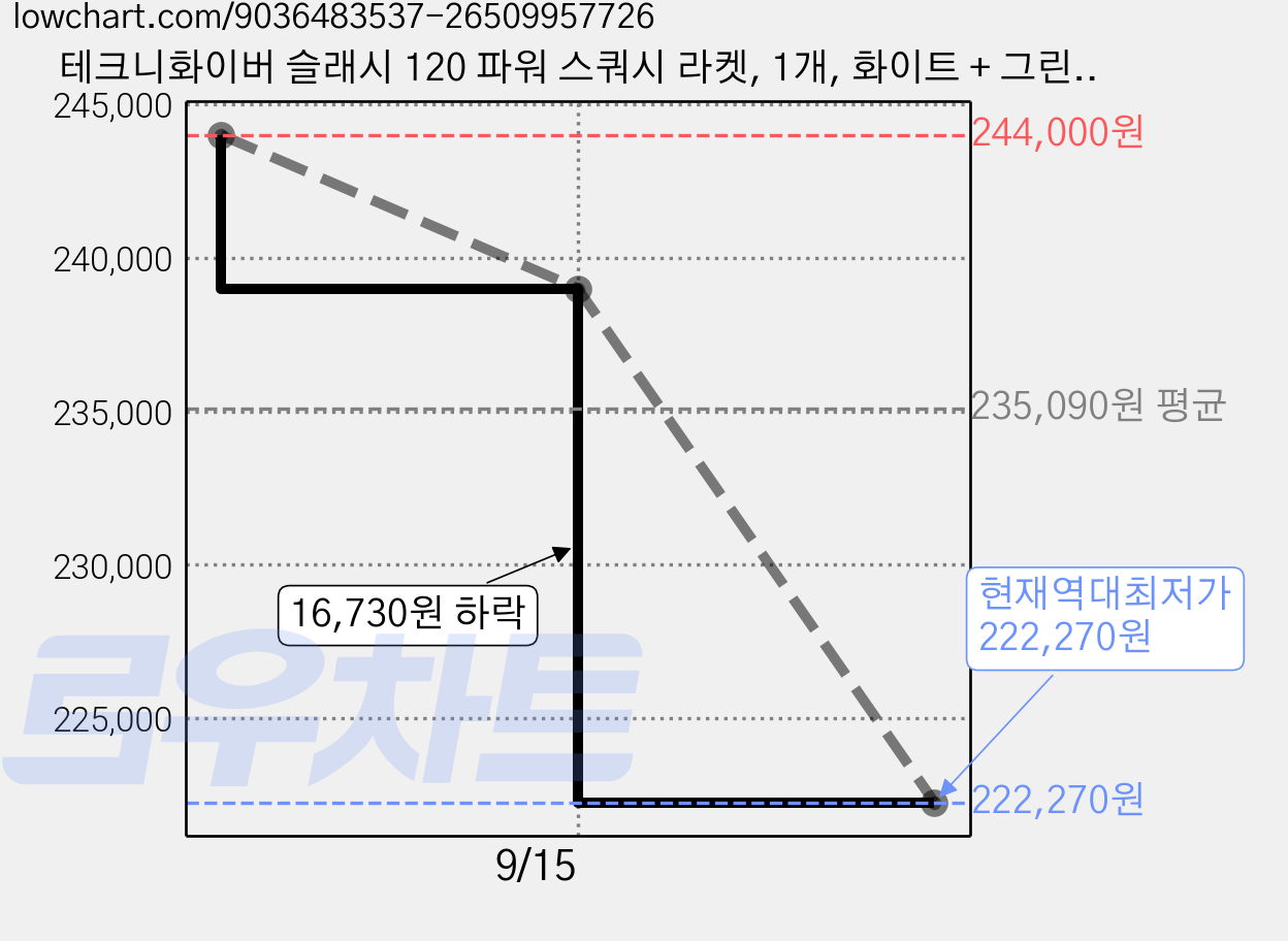 테크니화이버 슬래시 120 파워 스쿼시 라켓, 1개, 화이트 + 그린 + 블랙, SLASH 120 POWER / 12SLA120P5 가격 변동 차트, 현재가 222,270원, 역대최저가