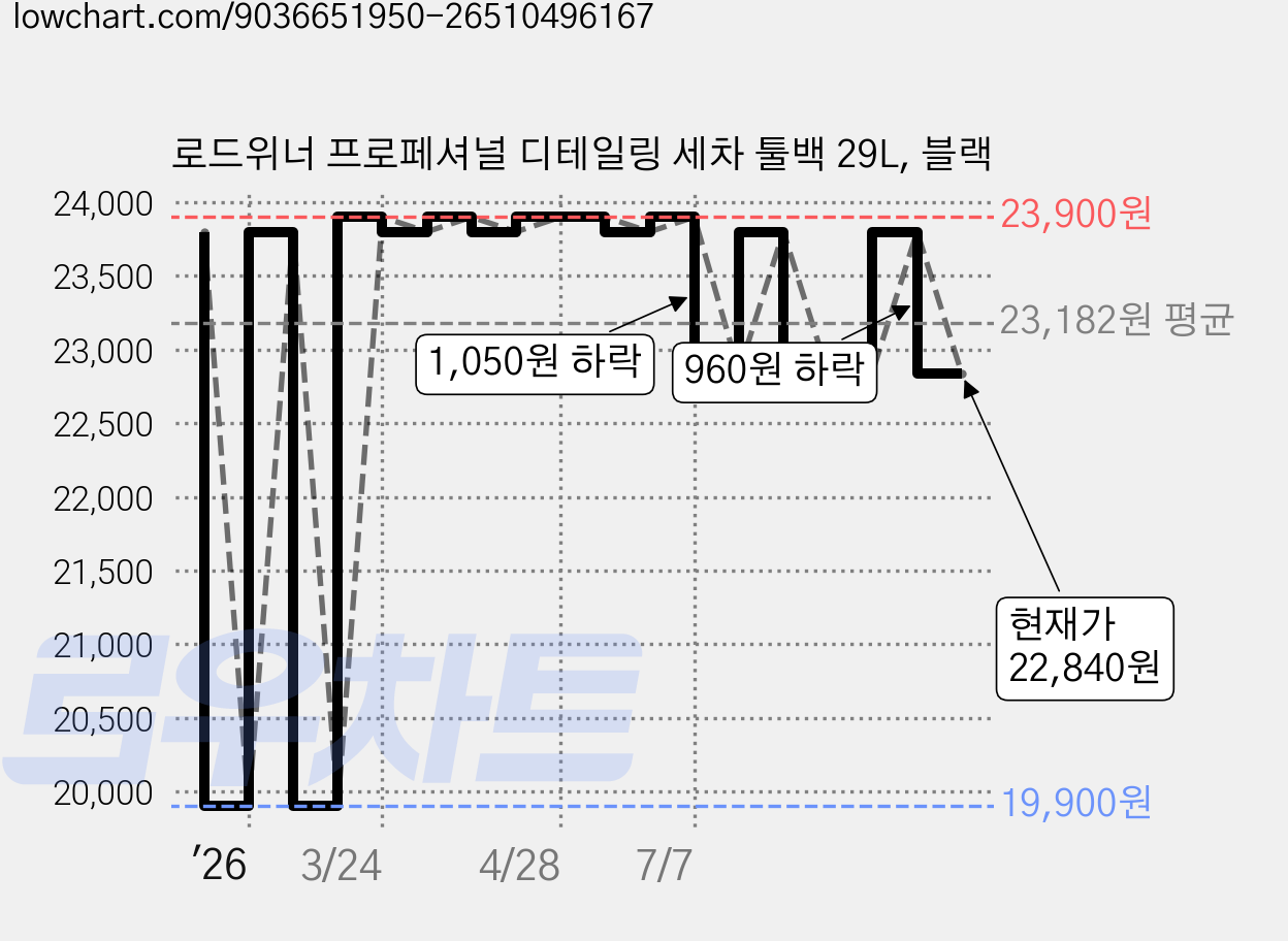 로드위너 프로페셔널 디테일링 세차 툴백 29L, 블랙 가격 변동 차트, 현재가 22,840원, 관측 최저가 19,900원