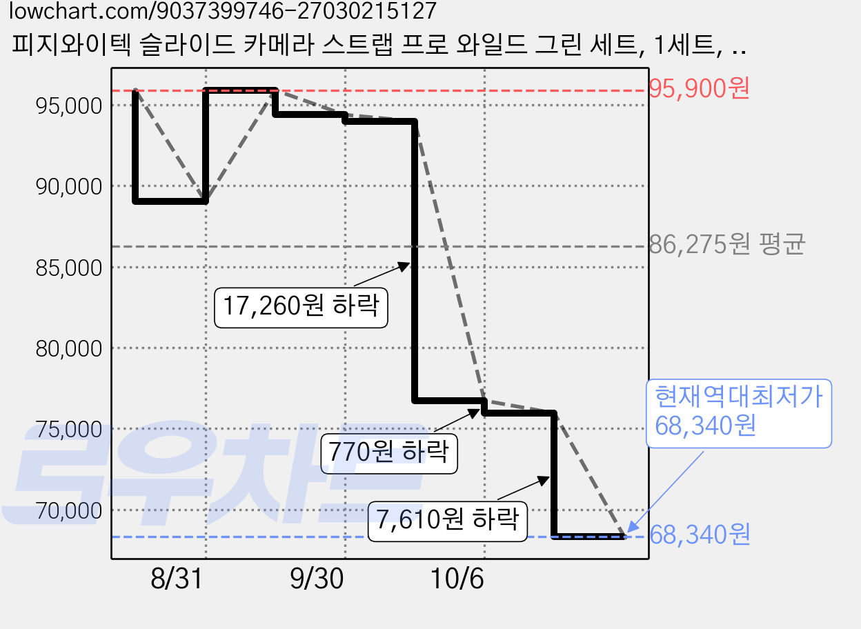 피지와이텍 슬라이드 카메라 스트랩 프로 와일드 그린 세트, 1세트, P-CB-288 가격 변동 차트, 현재가 68,340원, 역대최저가