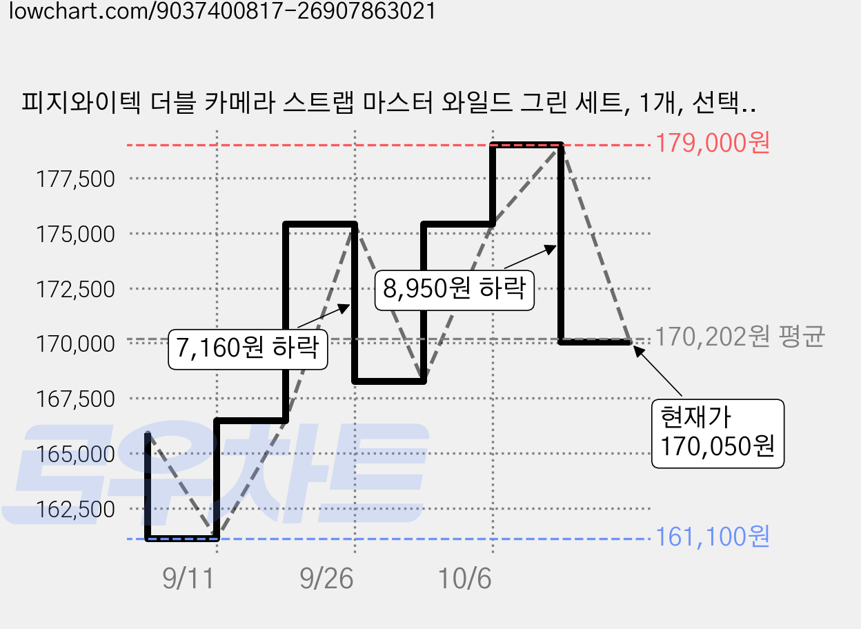 피지와이텍 더블 카메라 스트랩 마스터 와일드 그린 세트, 1개, 선택1 가격 변동 차트, 현재가 170,050원, 관측 최저가 161,100원