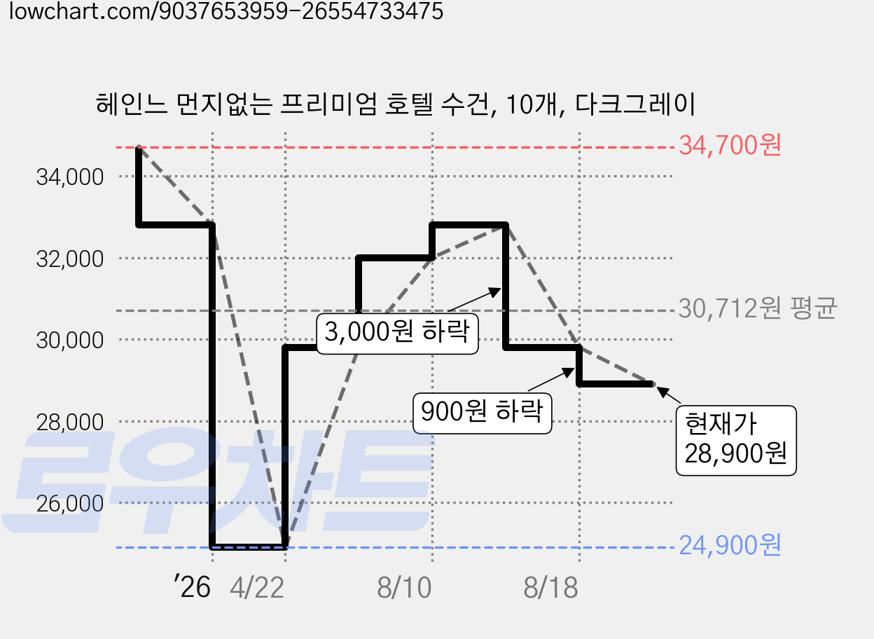 헤인느 먼지없는 프리미엄 호텔 수건, 10개, 다크그레이 가격 변동 차트, 현재가 28,900원, 관측 최저가 24,900원