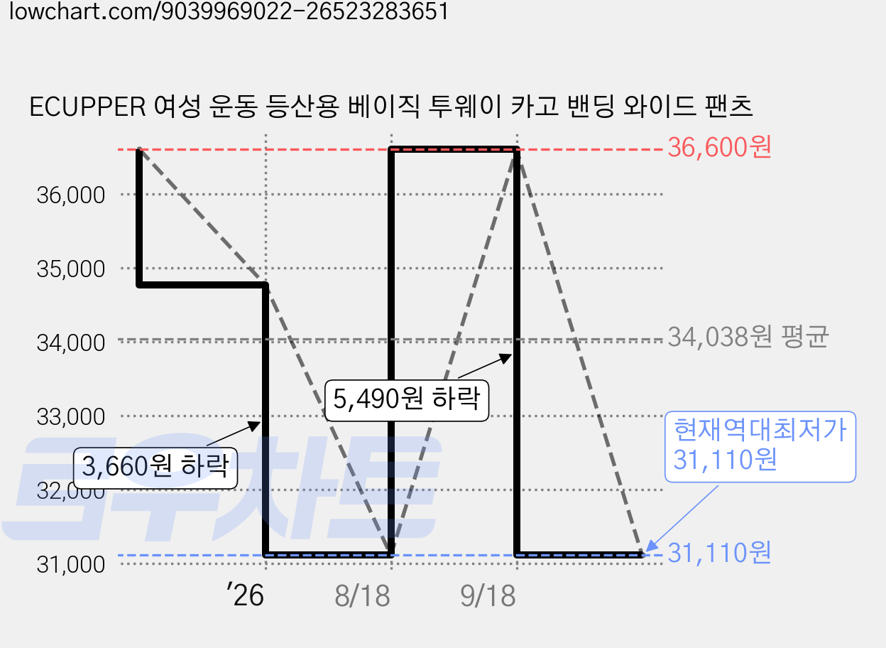 ECUPPER 여성 운동 등산용 베이직 투웨이 카고 밴딩 와이드 팬츠 가격 변동 차트, 현재가 31,110원, 역대최저가