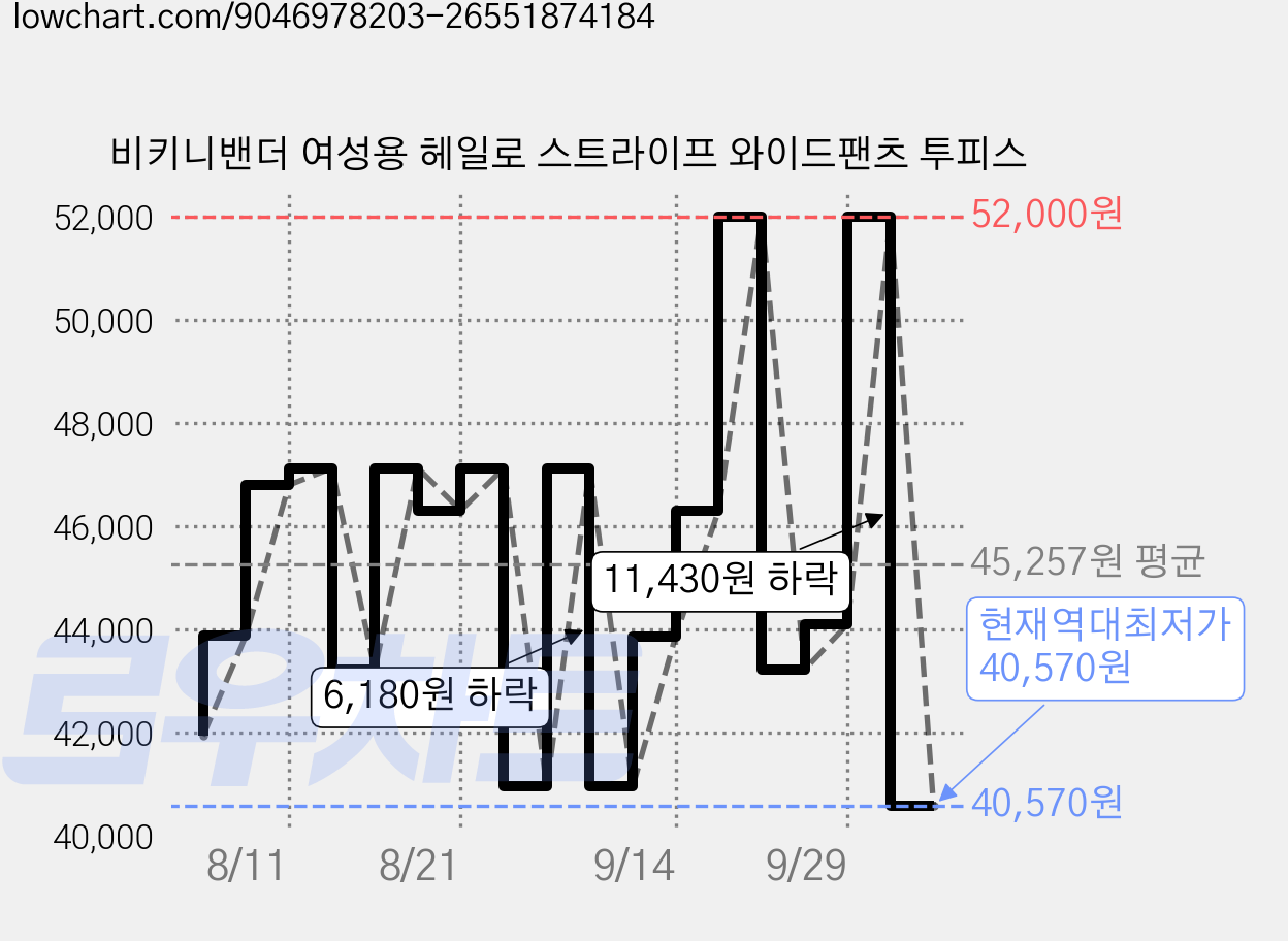비키니밴더 여성용 헤일로 스트라이프 와이드팬츠 투피스 가격 변동 차트, 현재가 40,570원, 역대최저가