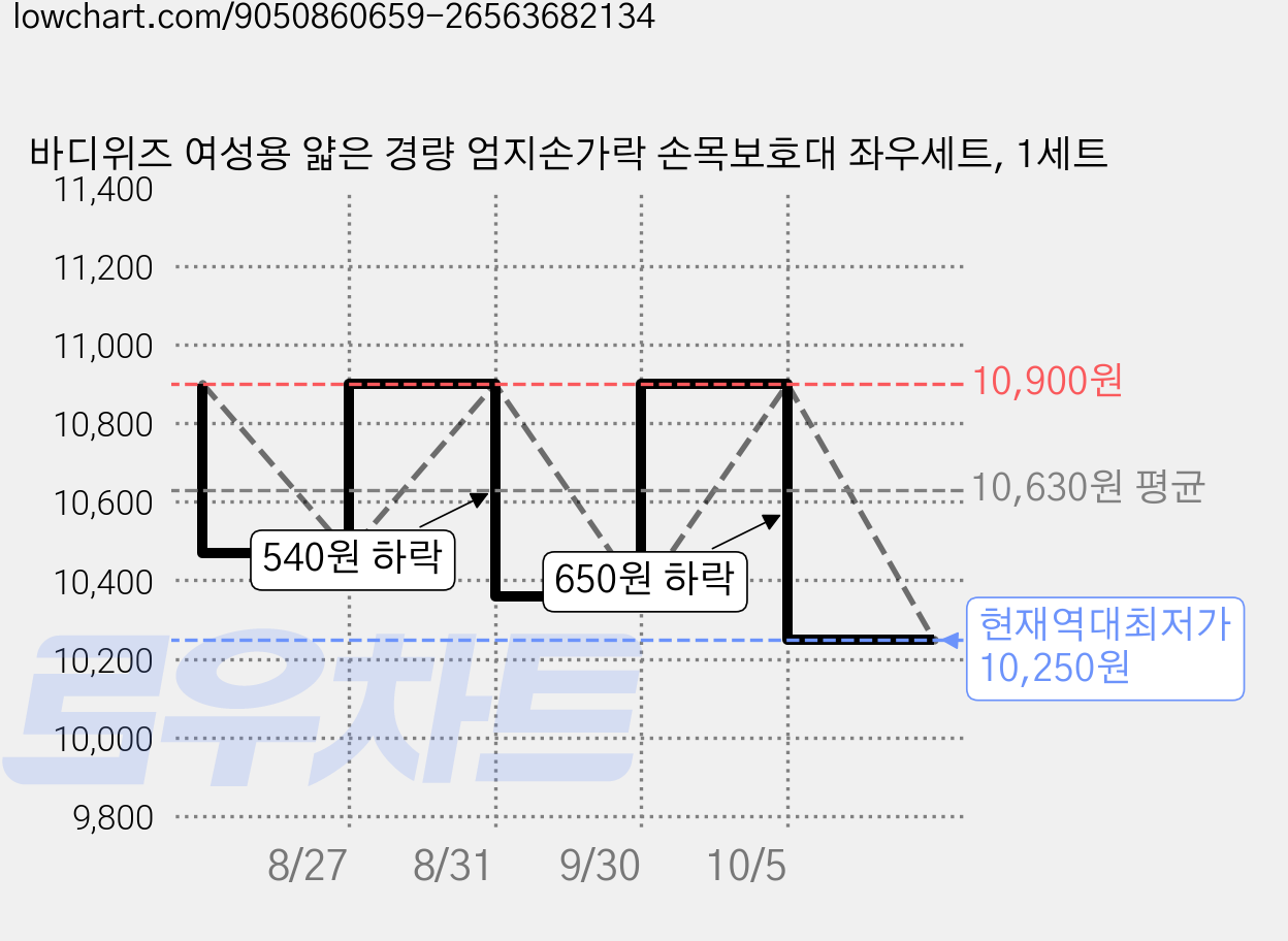 바디위즈 여성용 얇은 경량 엄지손가락 손목보호대 좌우세트, 1세트 가격 변동 차트, 현재가 10,250원, 역대최저가