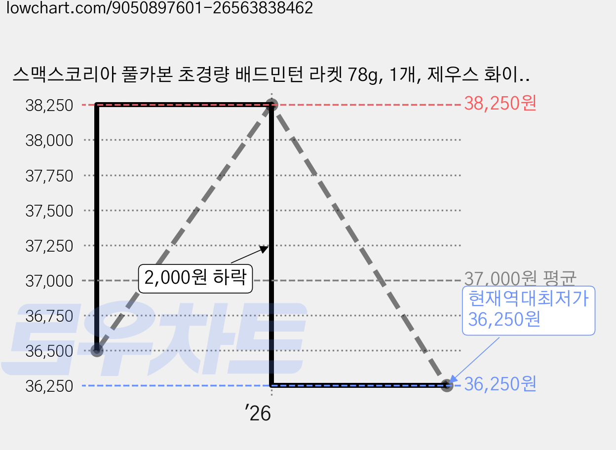 스맥스코리아 풀카본 초경량 배드민턴 라켓 78g, 1개, 제우스 화이트 가격 변동 차트, 현재가 36,250원, 역대최저가