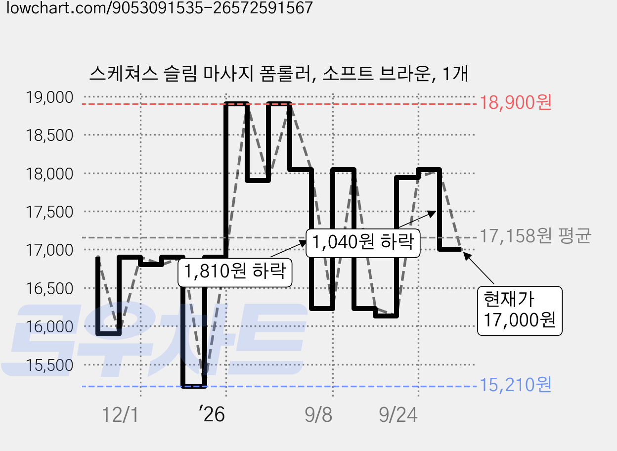 스케쳐스 슬림 마사지 폼롤러, 소프트 브라운, 1개 가격 변동 차트, 현재가 17,000원, 관측 최저가 15,210원