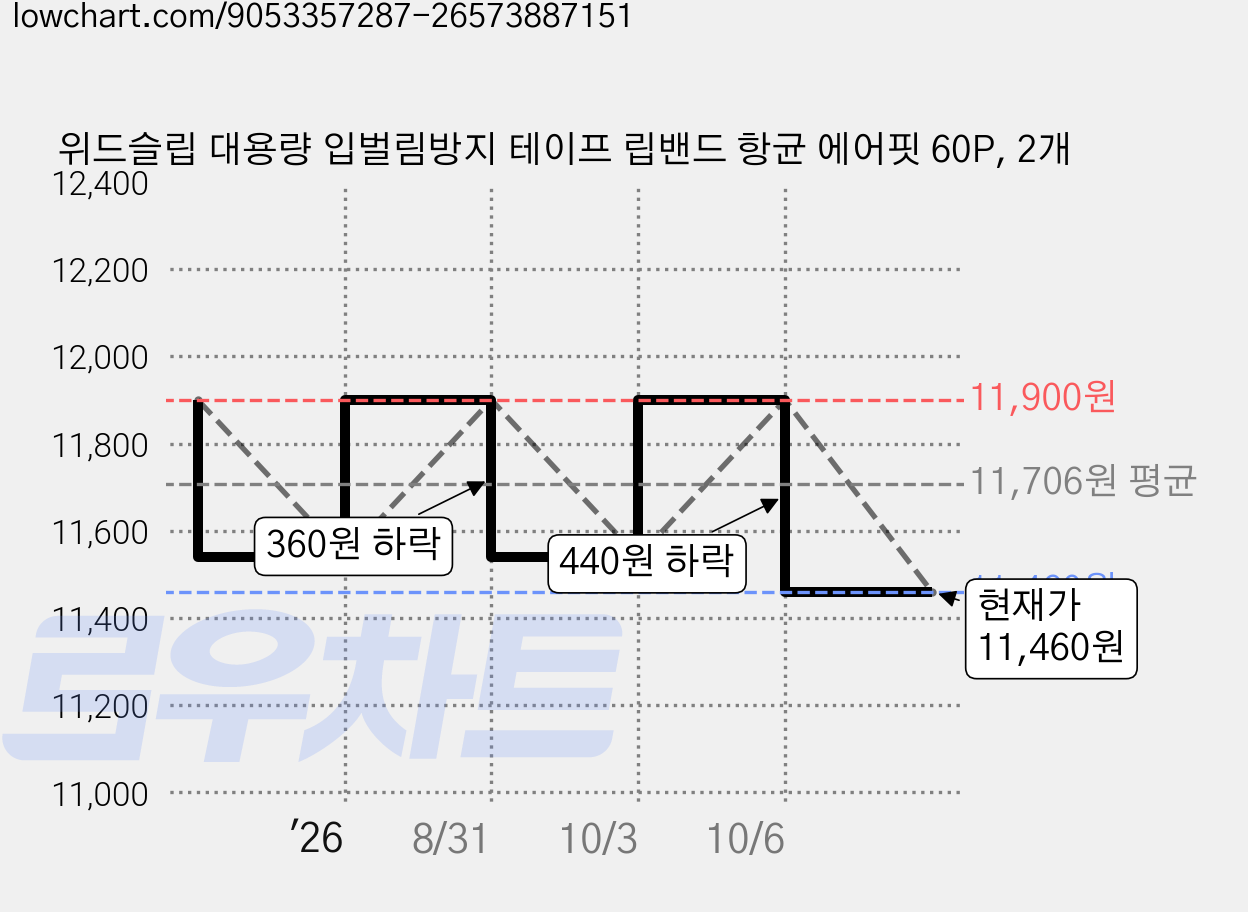 위드슬립 대용량 입벌림방지 테이프 립밴드 항균 에어핏 60P, 2개 가격 변동 차트, 현재가 11,460원, 관측 최저가 10,900원