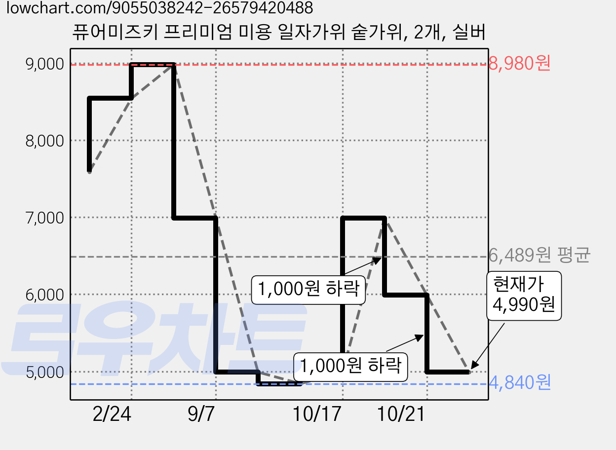퓨어미즈키 프리미엄 미용 일자가위 숱가위, 2개, 실버 가격 변동 차트, 현재가 4,990원, 관측 최저가 4,840원