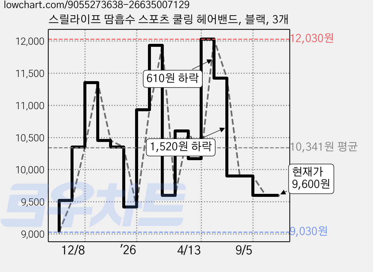 스릴라이프 땀흡수 스포츠 쿨링 헤어밴드, 블랙, 3개 가격 변동 차트, 현재가 9,600원, 관측 최저가 9,030원