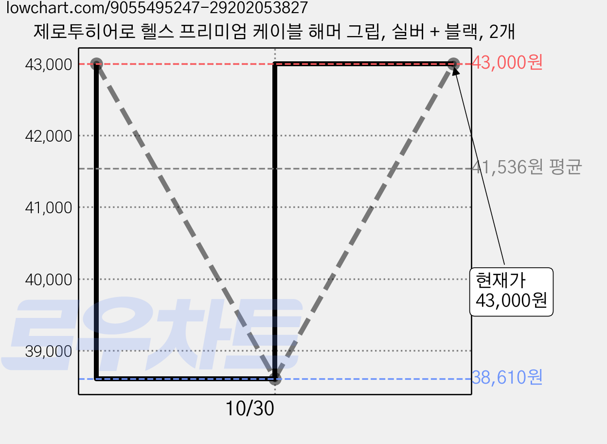 제로투히어로 헬스 프리미엄 케이블 해머 그립, 실버 + 블랙, 2개 가격 변동 차트, 현재가 43,000원, 관측 최저가 38,610원
