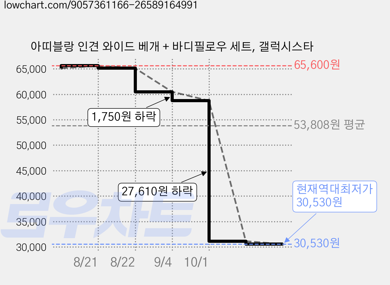 아띠블랑 인견 와이드 베개 + 바디필로우 세트, 갤럭시스타 가격 변동 차트, 현재가 30,530원, 역대최저가