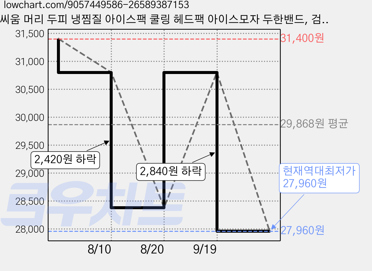 씨움 머리 두피 냉찜질 아이스팩 쿨링 헤드팩 아이스모자 두한밴드, 검정 가격 변동 차트, 현재가 27,960원, 역대최저가