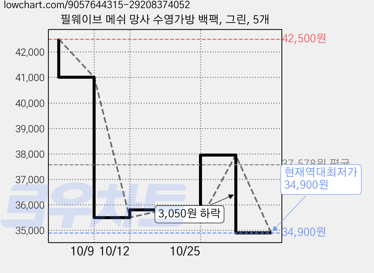 필웨이브 메쉬 망사 수영가방 백팩, 그린, 5개 가격 변동 차트, 현재가 34,900원, 역대최저가