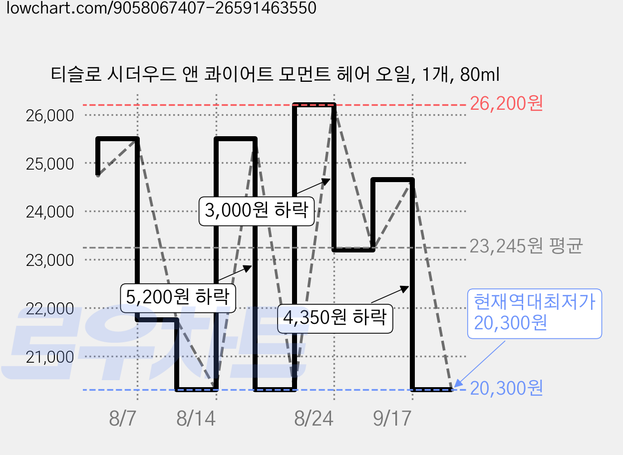 티슬로 시더우드 앤 콰이어트 모먼트 헤어 오일, 1개, 80ml 가격 변동 차트, 현재가 20,300원, 역대최저가