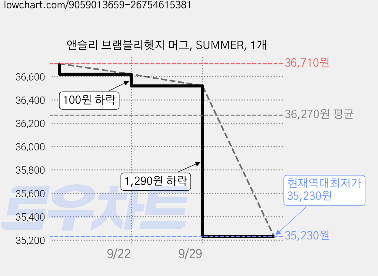 앤슬리 브램블리헷지 머그, SUMMER, 1개 가격 변동 차트, 현재가 35,230원, 역대최저가