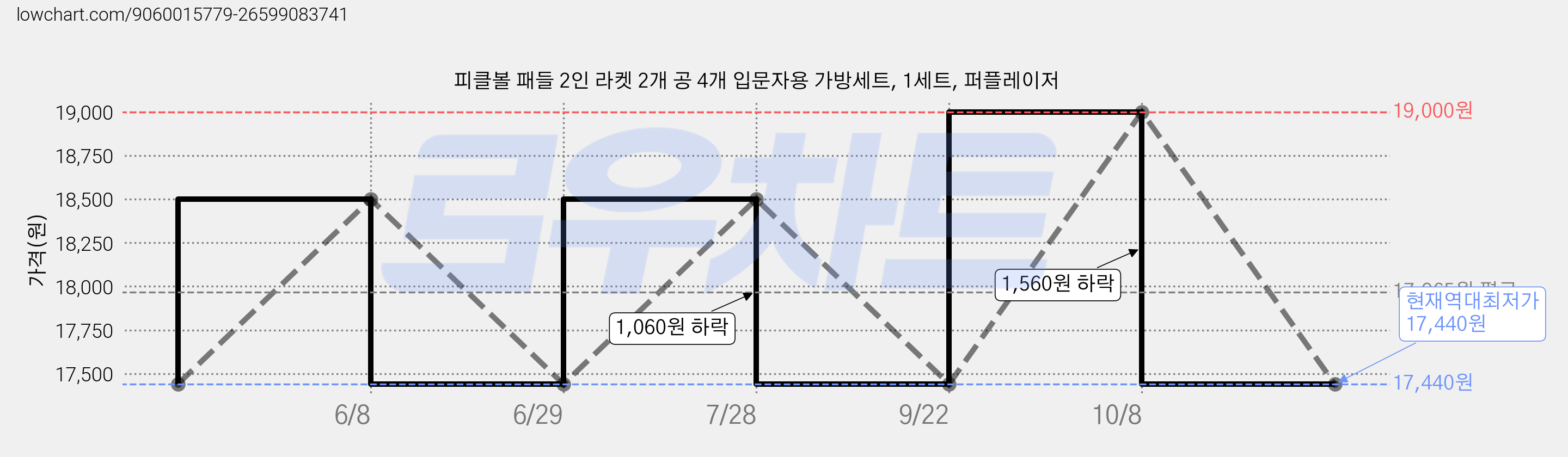 피클볼 패들 2인 라켓 2개 공 4개 입문자용 가방세트, 1세트, 퍼플레이저 가격 변동 차트, 현재가 17,440원, 역대최저가