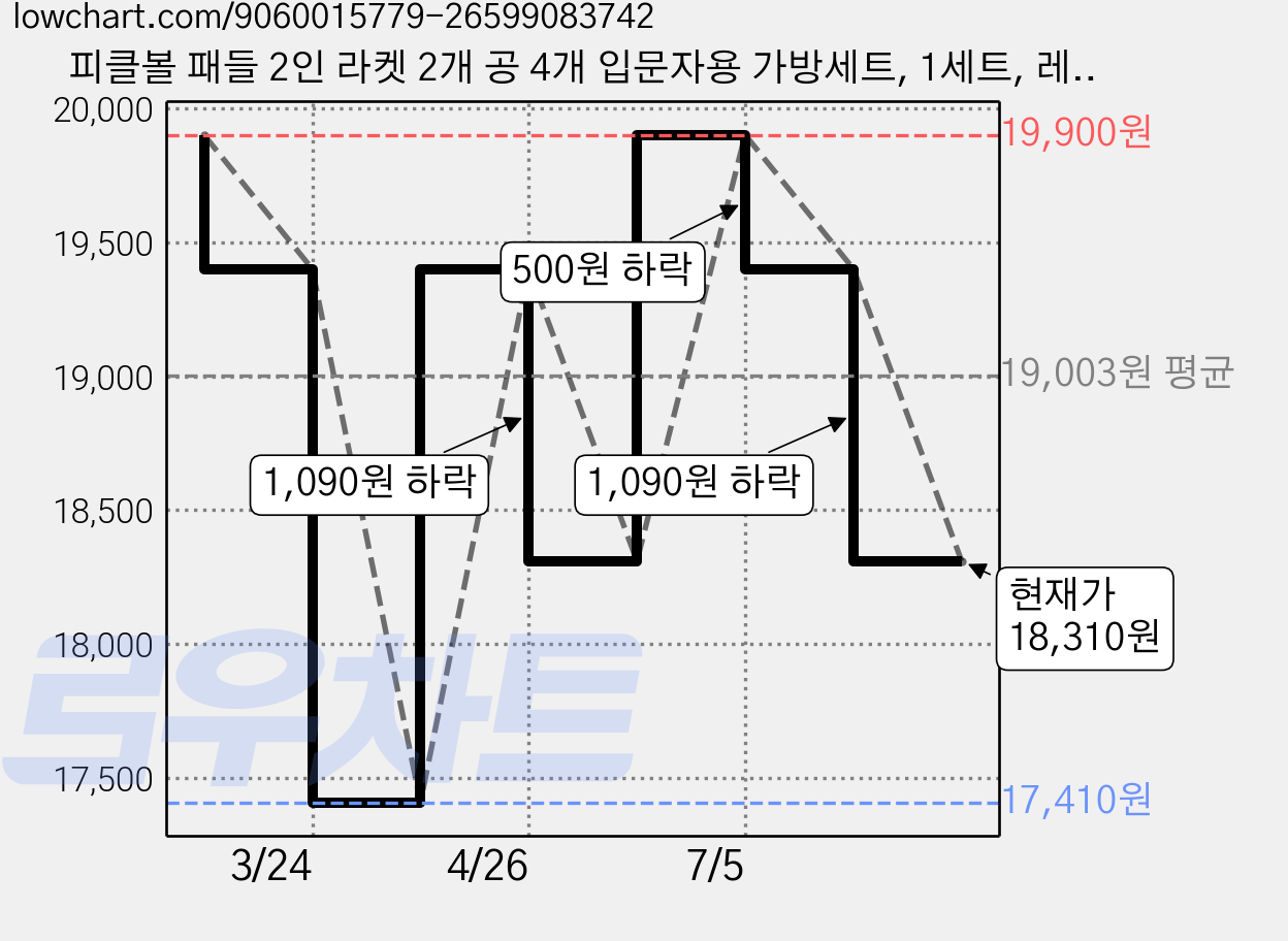 피클볼 패들 2인 라켓 2개 공 4개 입문자용 가방세트, 1세트, 레인보우 가격 변동 차트, 현재가 18,310원, 관측 최저가 17,410원