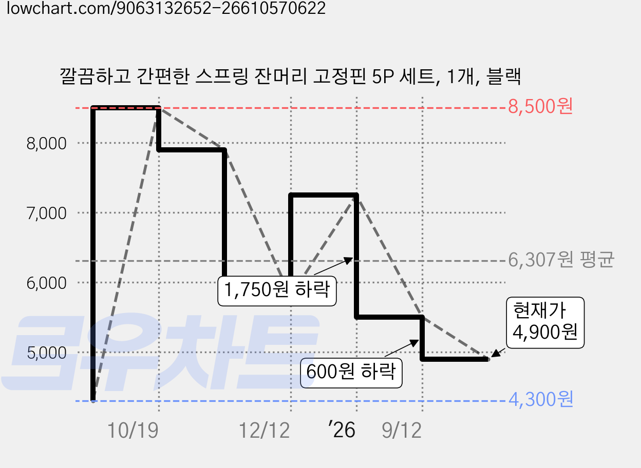 깔끔하고 간편한 스프링 잔머리 고정핀 5P 세트, 1개, 블랙 가격 변동 차트, 현재가 4,900원, 관측 최저가 4,300원