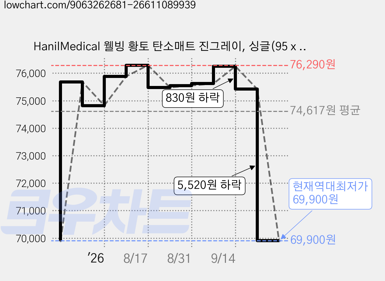 HanilMedical 웰빙 황토 탄소매트 진그레이, 싱글(95 x 195 cm) 가격 변동 차트, 현재가 69,900원, 역대최저가