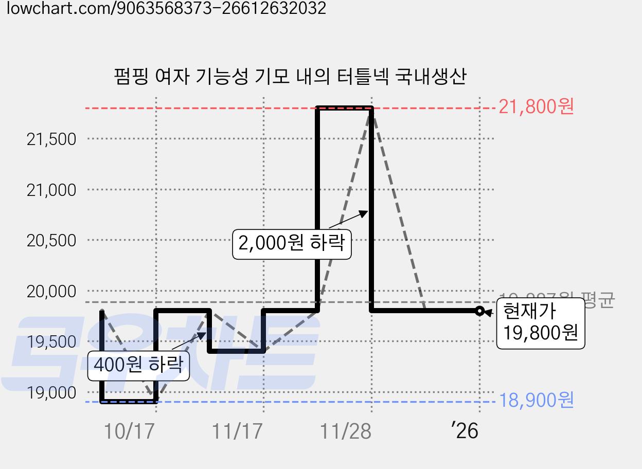 펌핑 여자 기능성 기모 내의 터틀넥 국내생산 가격 변동 차트, 현재가 19,800원, 관측 최저가 18,900원