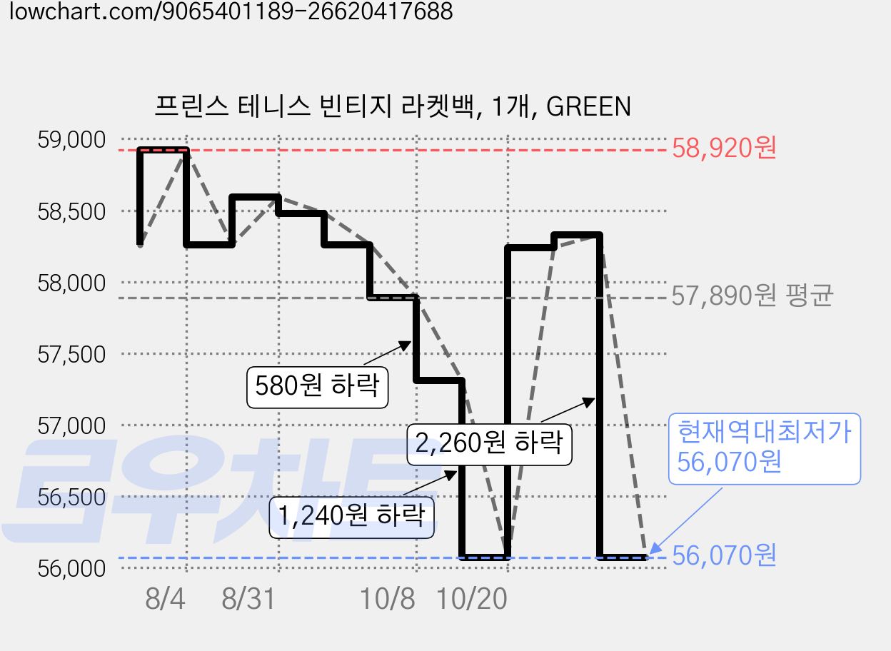 프린스 테니스 빈티지 라켓백, 1개, GREEN 가격 변동 차트, 현재가 56,070원, 역대최저가