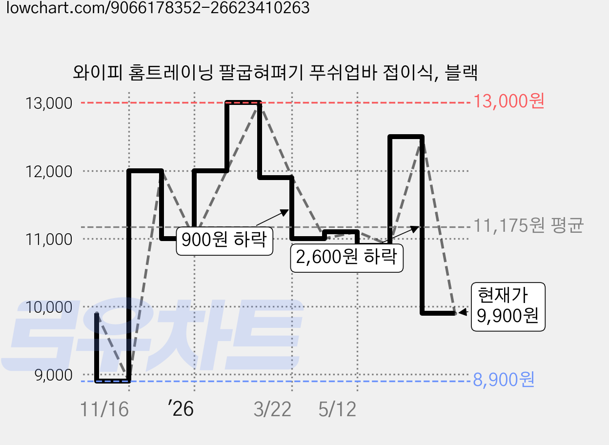 와이피 홈트레이닝 팔굽혀펴기 푸쉬업바 접이식, 블랙 가격 변동 차트, 현재가 9,900원, 관측 최저가 8,900원