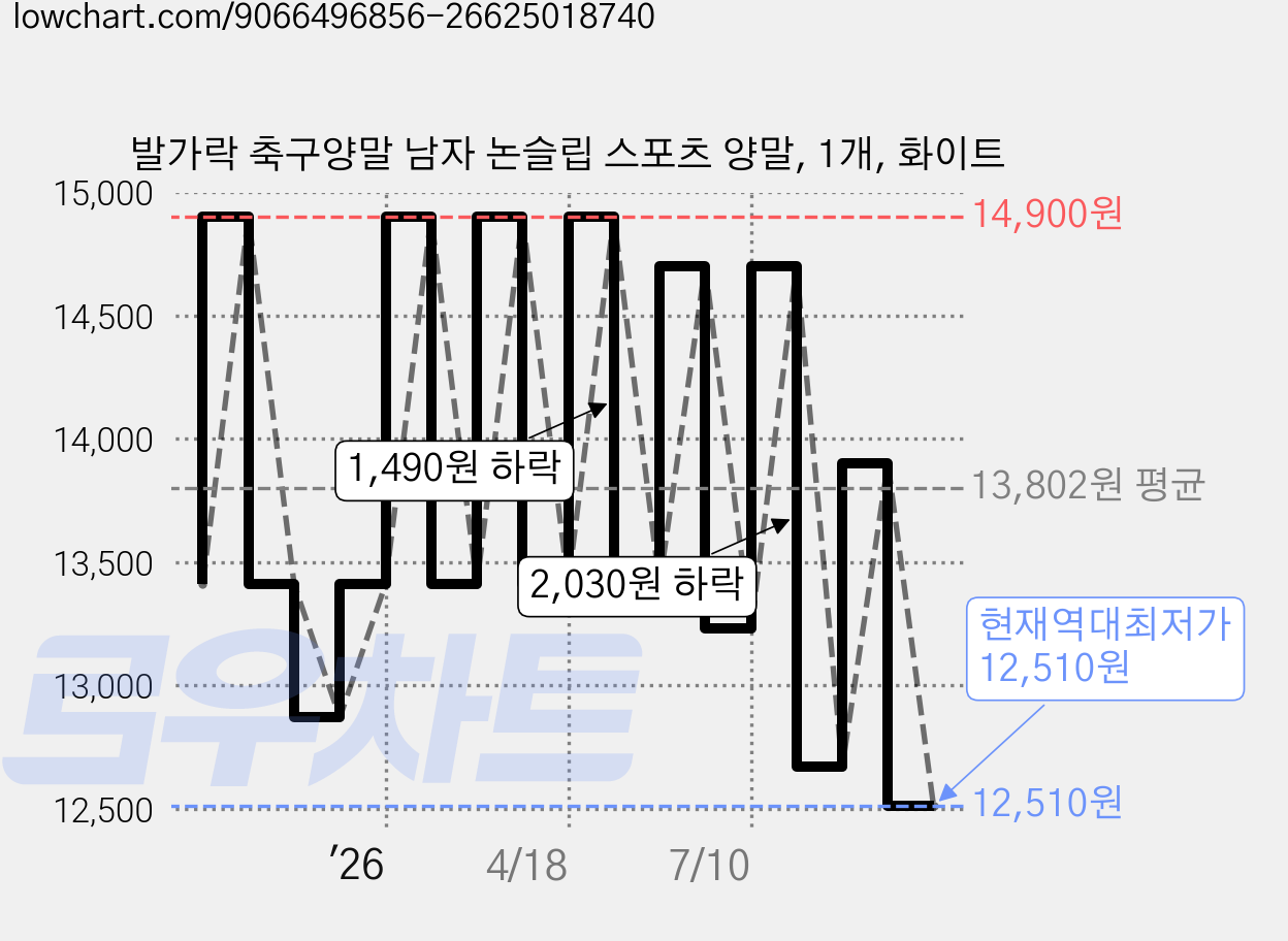 발가락 축구양말 남자 논슬립 스포츠 양말, 1개, 화이트 가격 변동 차트, 현재가 12,510원, 역대최저가