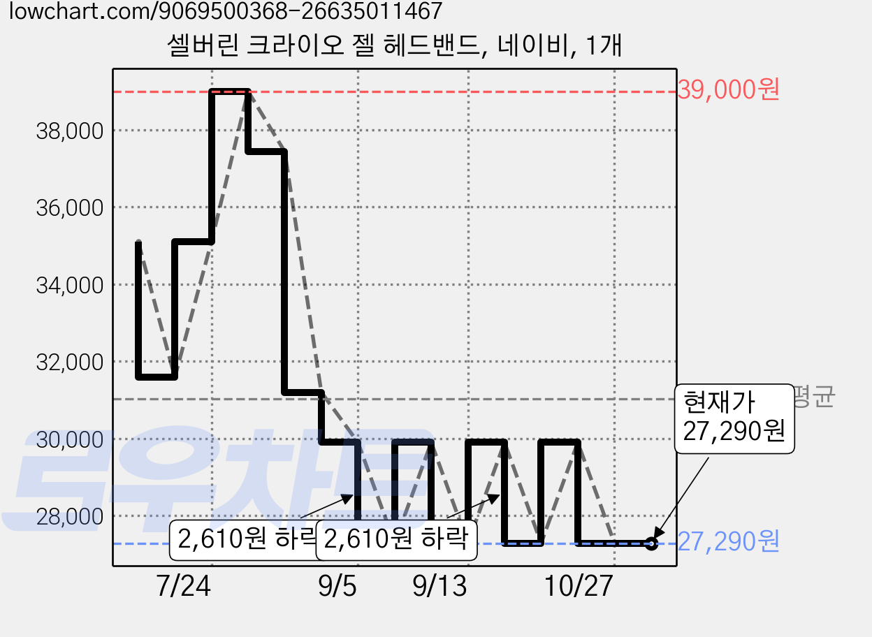셀버린 크라이오 젤 헤드밴드, 네이비, 1개 가격 변동 차트, 현재가 27,290원, 관측 최저가 26,710원