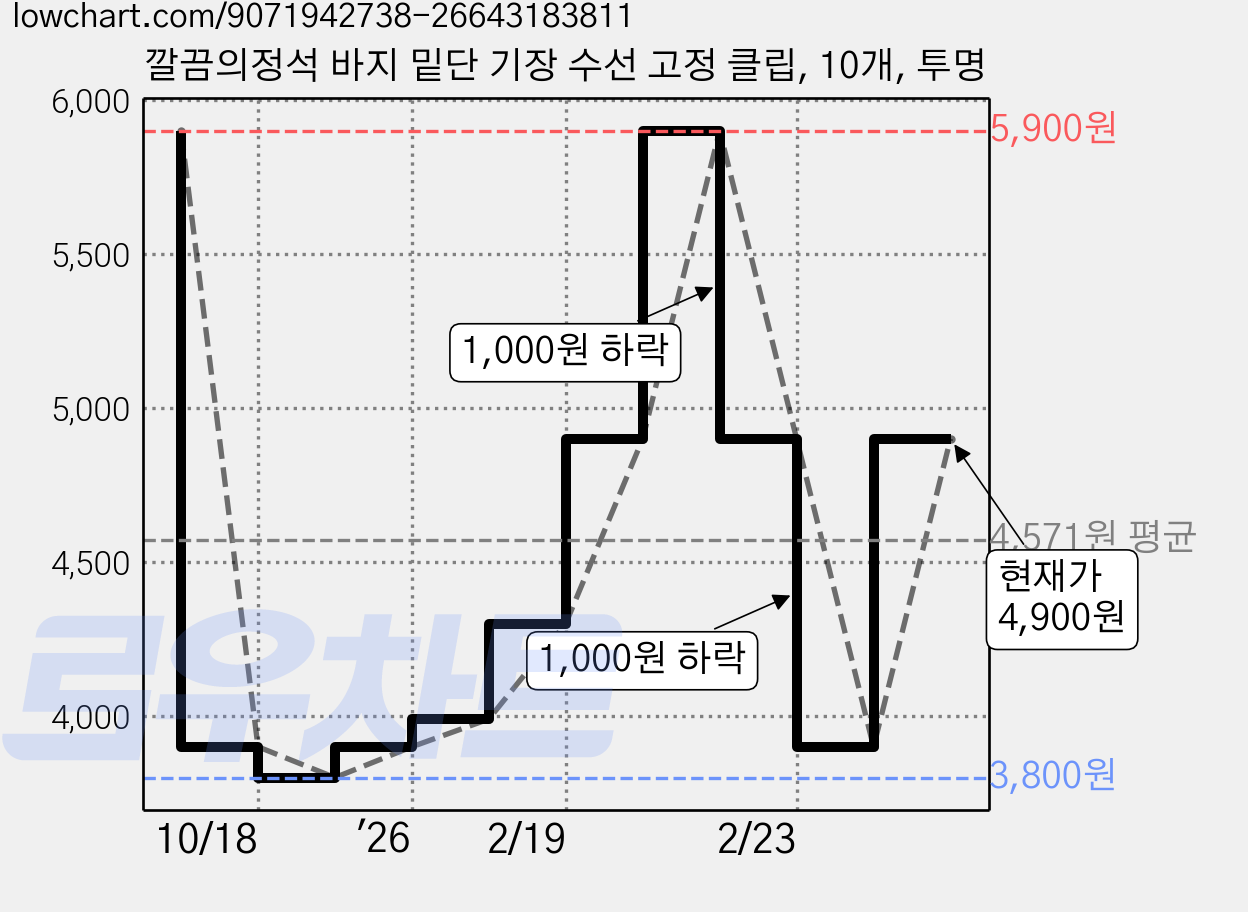 깔끔의정석 바지 밑단 기장 수선 고정 클립, 10개, 투명 가격 변동 차트, 현재가 4,900원, 관측 최저가 3,800원