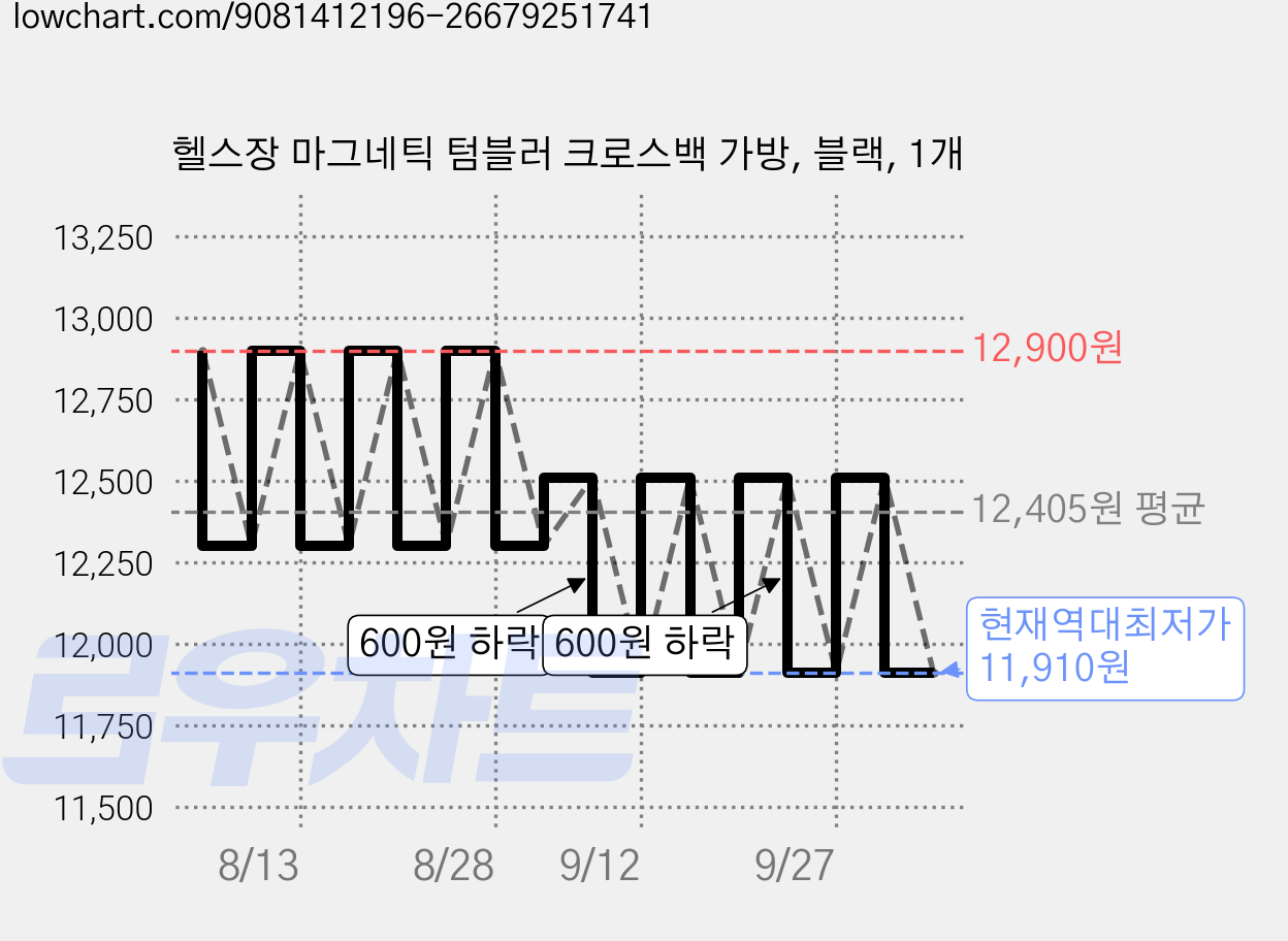 헬스장 마그네틱 텀블러 크로스백 가방, 블랙, 1개 가격 변동 차트, 현재가 11,910원, 역대최저가