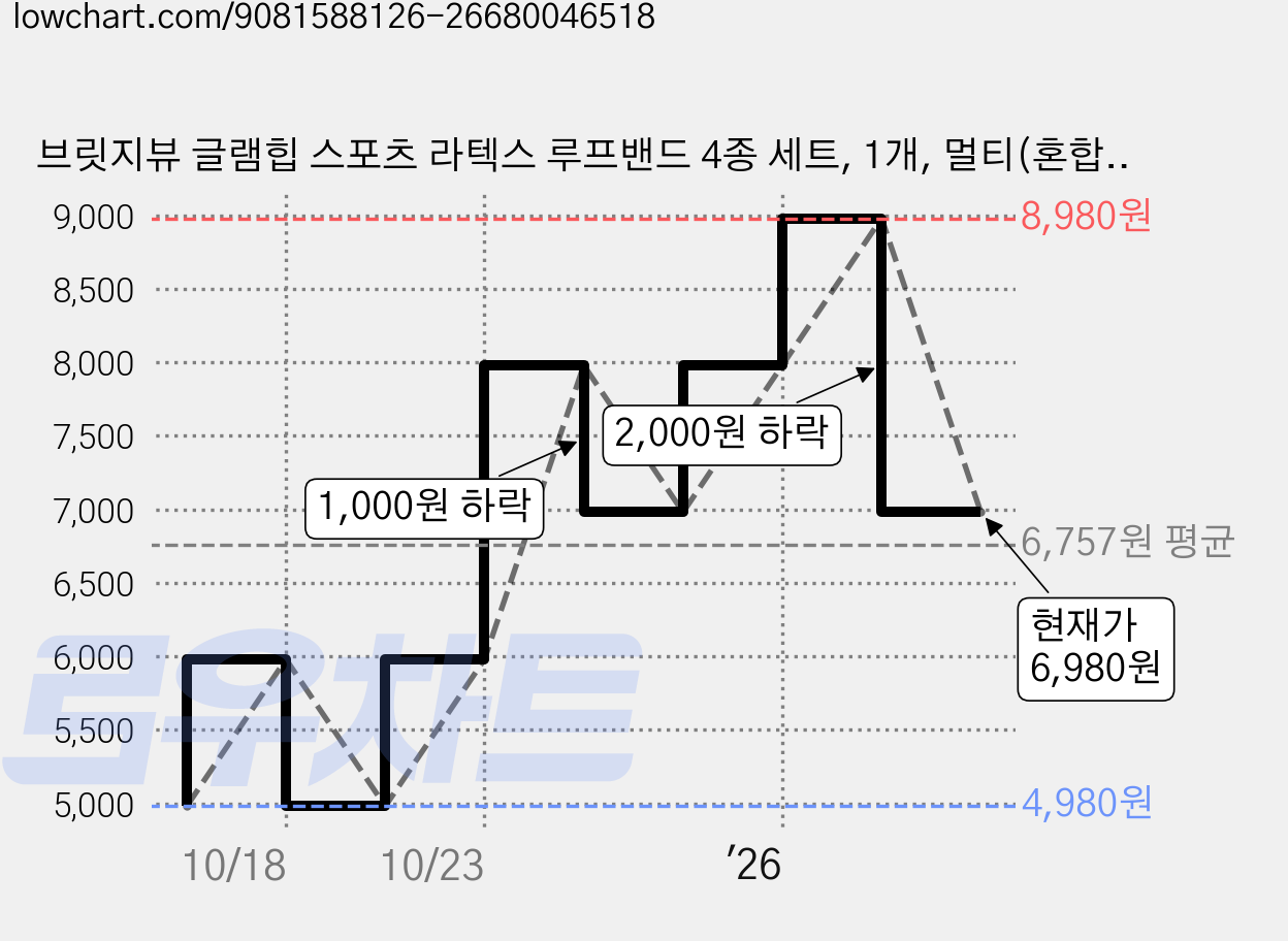 브릿지뷰 글램힙 스포츠 라텍스 루프밴드 4종 세트, 1개, 멀티(혼합)컬러 가격 변동 차트, 현재가 6,980원, 관측 최저가 4,980원
