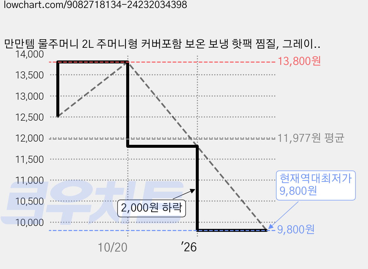 만만템 물주머니 2L 주머니형 커버포함 보온 보냉 핫팩 찜질, 그레이 커버 세트, MMT-055 가격 변동 차트, 현재가 9,800원, 역대최저가