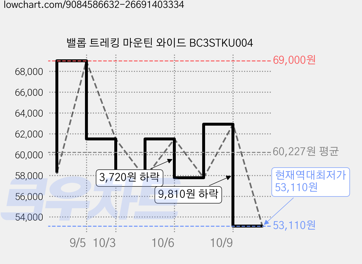 밸롭 트레킹 마운틴 와이드 BC3STKU004 가격 변동 차트, 현재가 53,110원, 역대최저가