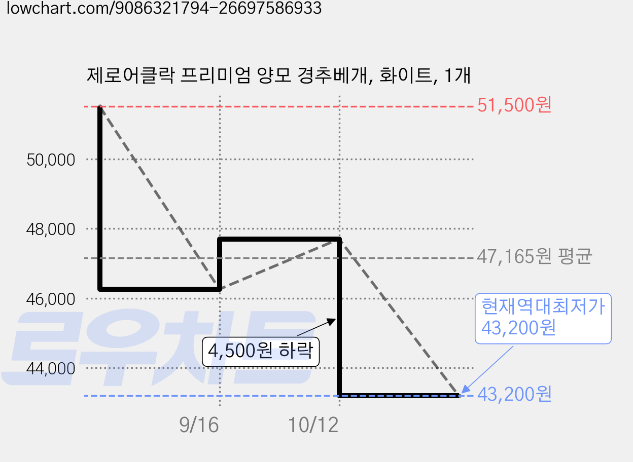 제로어클락 프리미엄 양모 경추베개, 화이트, 1개 가격 변동 차트, 현재가 43,200원, 역대최저가