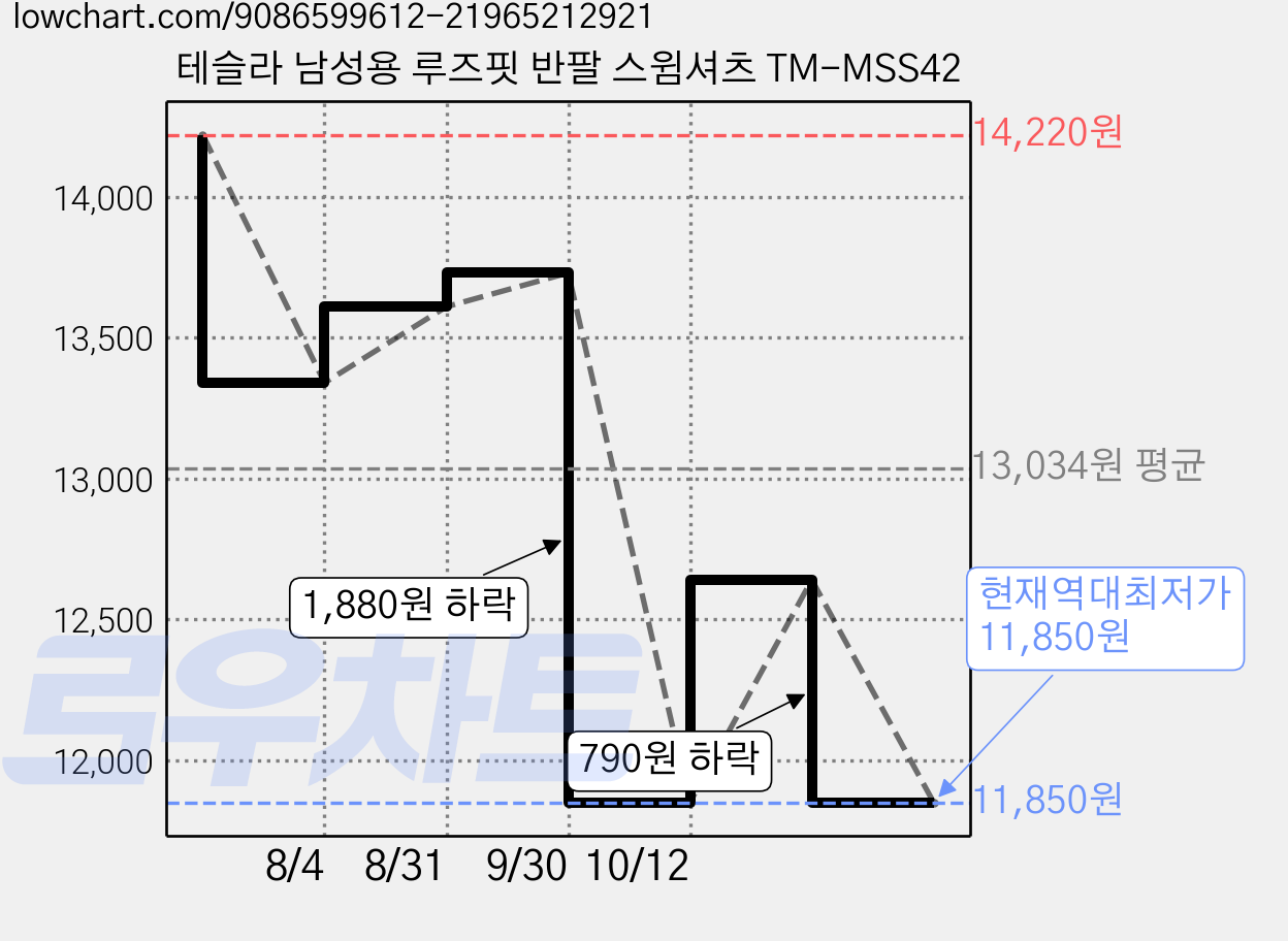 테슬라 남성용 루즈핏 반팔 스윔셔츠 TM-MSS42 가격 변동 차트, 현재가 11,850원, 역대최저가