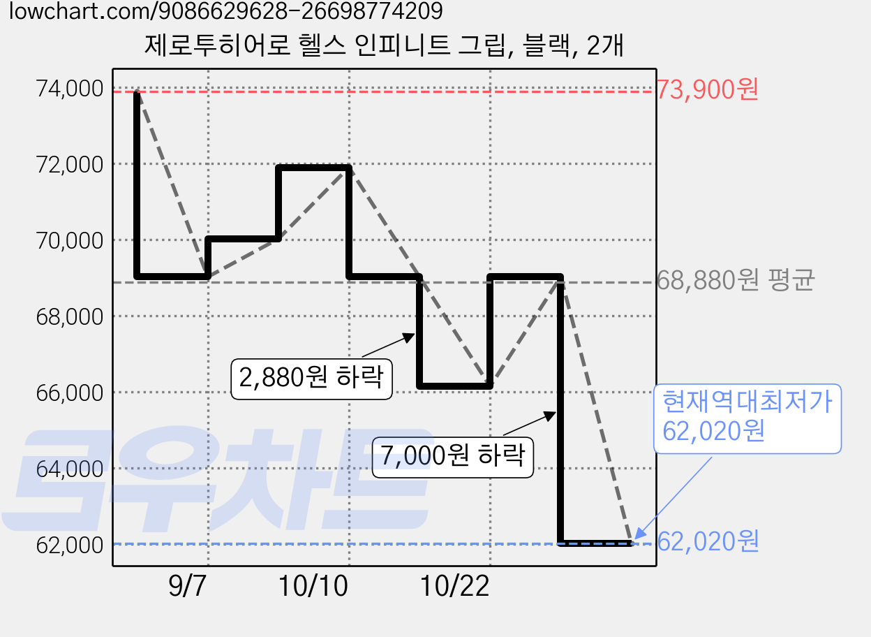 제로투히어로 헬스 인피니트 그립, 블랙, 2개 가격 변동 차트, 현재가 62,020원, 역대최저가