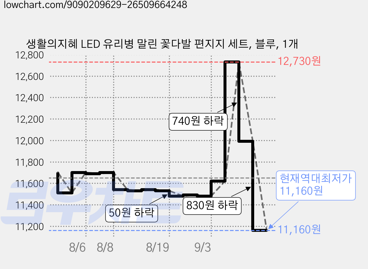 생활의지혜 LED 유리병 말린 꽃다발 편지지 세트, 블루, 1개 가격 변동 차트, 현재가 11,160원, 역대최저가