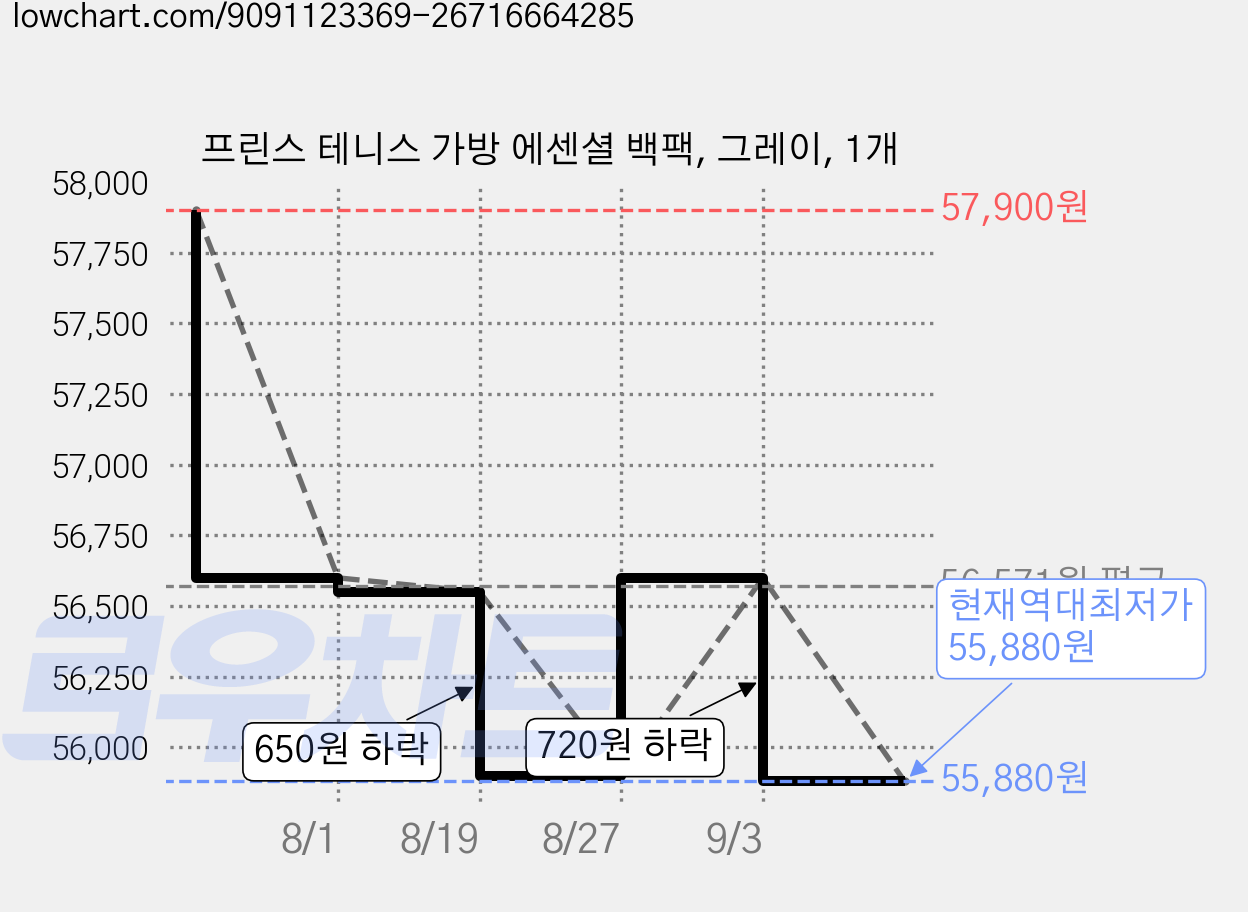 프린스 테니스 가방 에센셜 백팩, 그레이, 1개 가격 변동 차트, 현재가 55,880원, 역대최저가