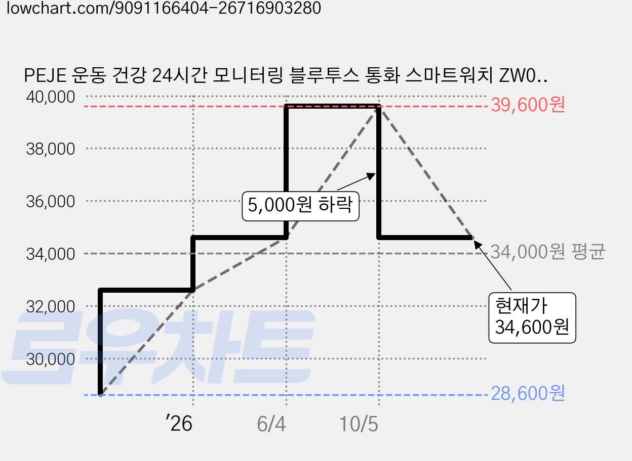 PEJE 운동 건강 24시간 모니터링 블루투스 통화 스마트워치 ZW04 ZL73J, GPS + 블루투스, 4.9cm, 은색 가격 변동 차트, 현재가 34,600원, 관측 최저가 28,600원