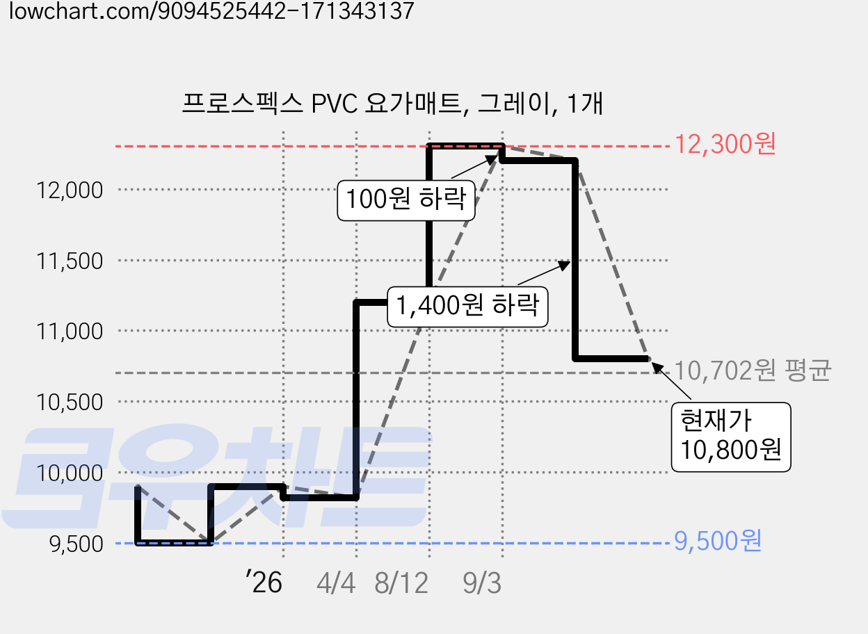 프로스펙스 PVC 요가매트, 그레이, 1개 가격 변동 차트, 현재가 10,800원, 관측 최저가 9,500원