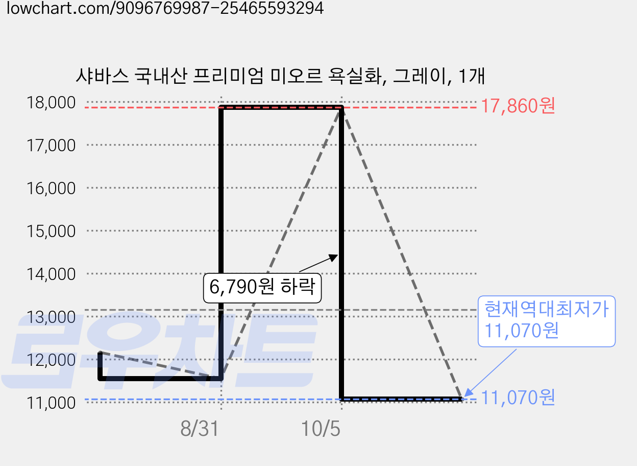 샤바스 국내산 프리미엄 미오르 욕실화, 그레이, 1개 가격 변동 차트, 현재가 11,070원, 역대최저가