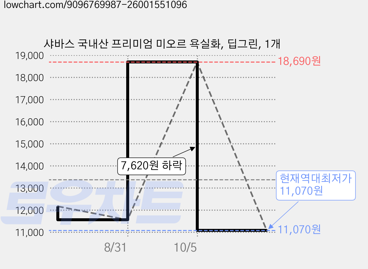 샤바스 국내산 프리미엄 미오르 욕실화, 딥그린, 1개 가격 변동 차트, 현재가 11,070원, 역대최저가