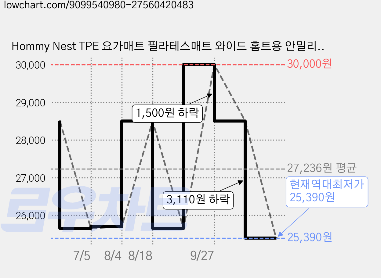 Hommy Nest TPE 요가매트 필라테스매트 와이드 홈트용 안밀리는 방음 충격방지 친환경 냄새없는 6MM HN-YGMTPE11A, 1개, 말차 그린 센터라인 가격 변동 차트, 현재가 25,390원, 역대최저가