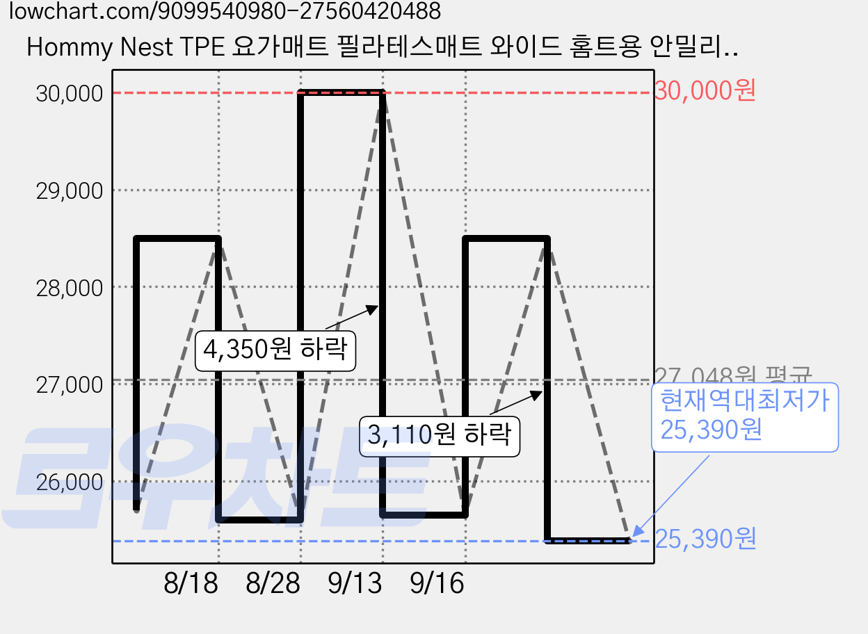 Hommy Nest TPE 요가매트 필라테스매트 와이드 홈트용 안밀리는 방음 충격방지 친환경 냄새없는 6MM HN-YGMTPE11A, 1개, 진보라색 센터라인 가격 변동 차트, 현재가 25,390원, 역대최저가