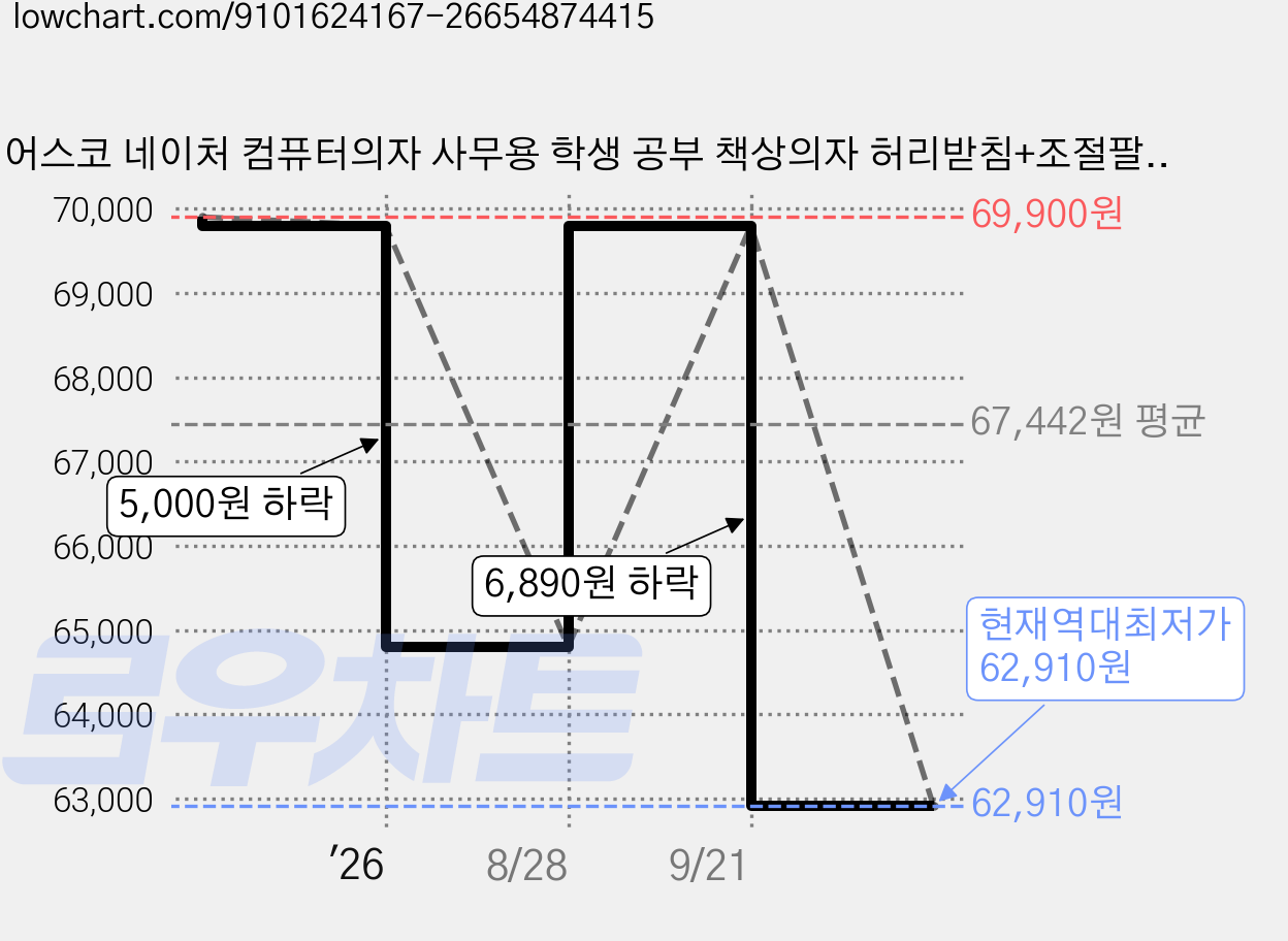 체어스코 네이처 컴퓨터의자 사무용 학생 공부 책상의자 허리받침+조절팔세트, 스톤그레이 가격 변동 차트, 현재가 62,910원, 역대최저가