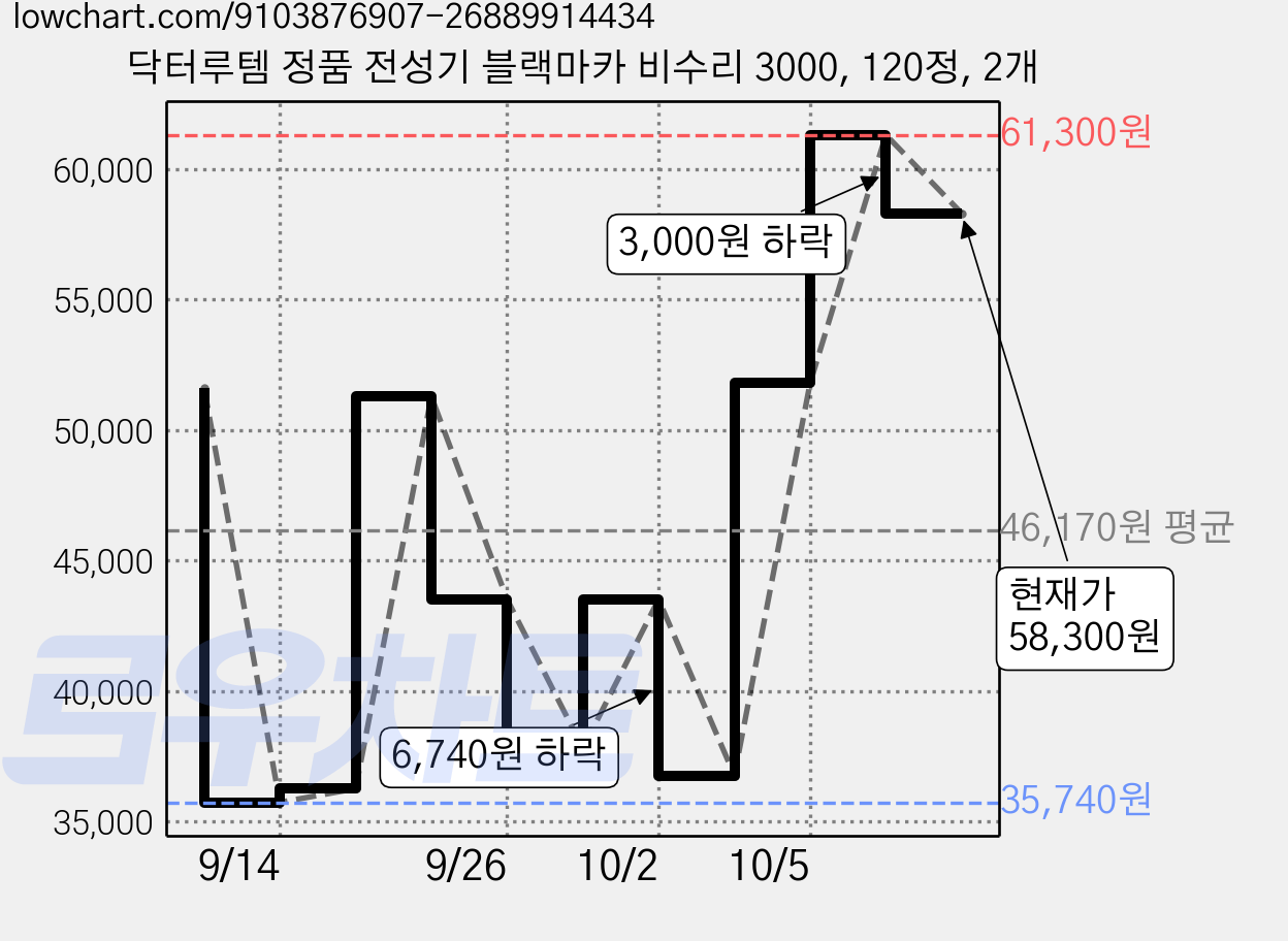 닥터루템 정품 전성기 블랙마카 비수리 3000, 120정, 2개 가격 변동 차트, 현재가 58,300원, 관측 최저가 35,740원