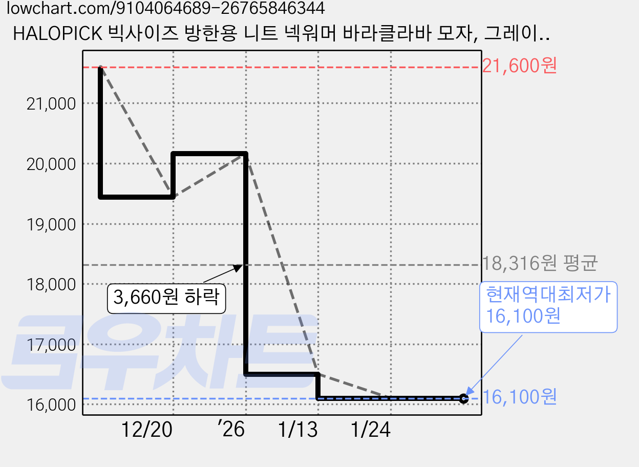 HALOPICK 빅사이즈 방한용 니트 넥워머 바라클라바 모자, 그레이, 1개 가격 변동 차트, 현재가 16,100원, 역대최저가