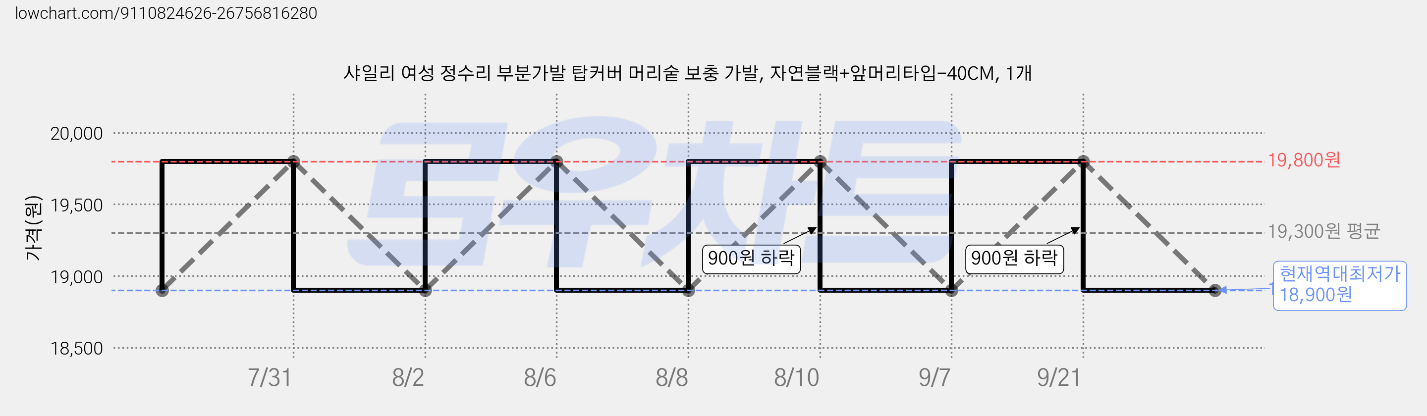 샤일리 여성 정수리 부분가발 탑커버 머리숱 보충 가발, 자연블랙+앞머리타입-40CM, 1개 가격 변동 차트, 현재가 18,900원, 역대최저가