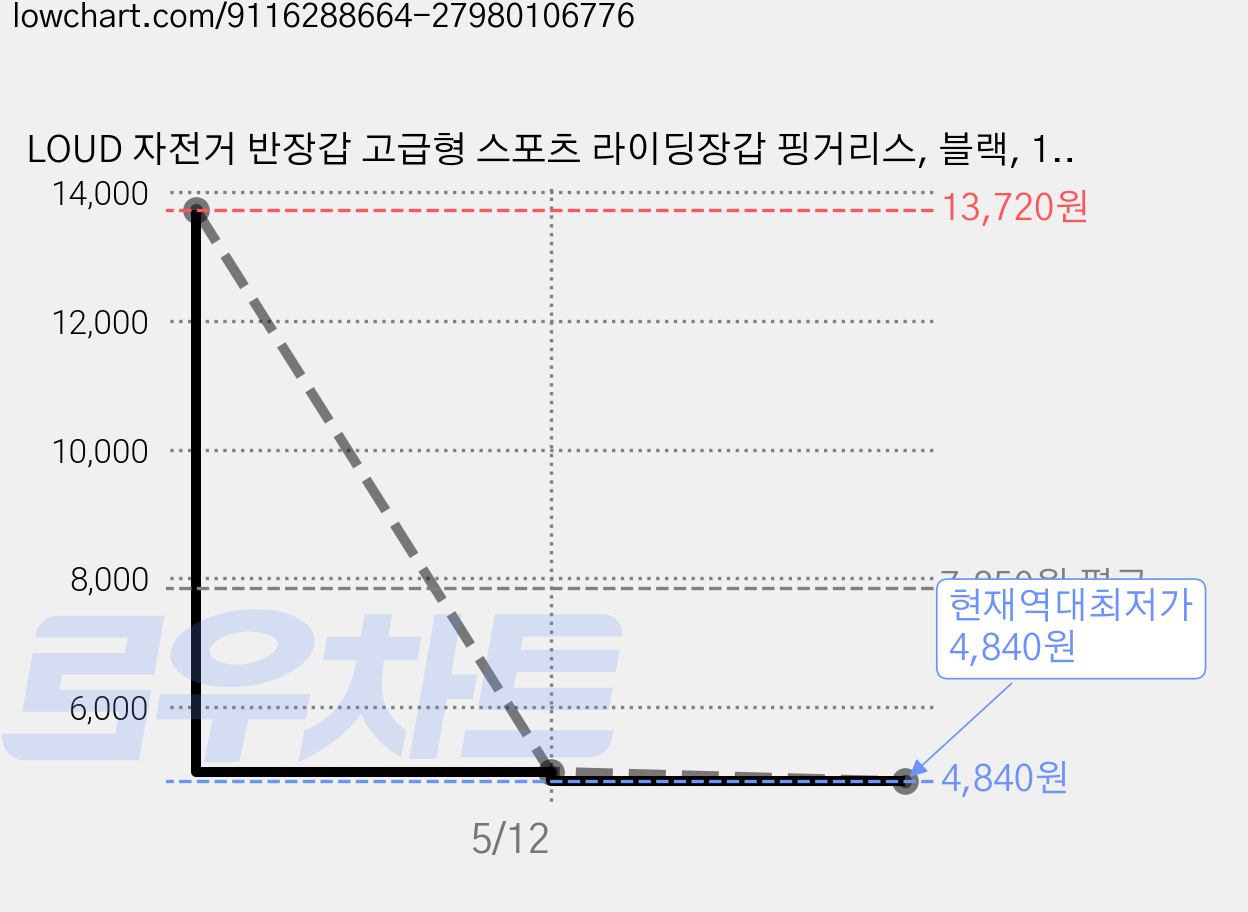 LOUD 자전거 반장갑 고급형 스포츠 라이딩장갑 핑거리스, 블랙, 1개 가격 변동 차트, 현재가 4,840원, 역대최저가