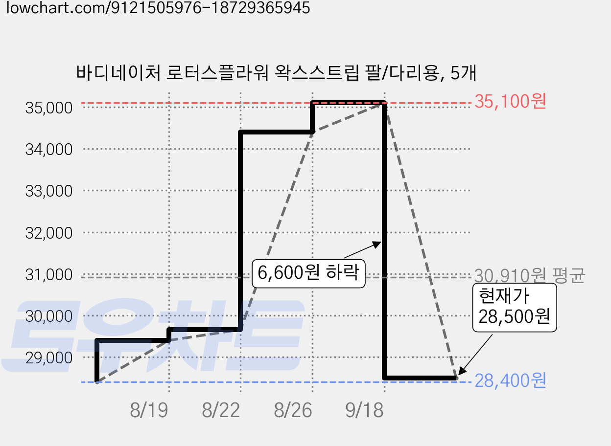 바디네이처 로터스플라워 왁스스트립 팔/다리용, 5개 가격 변동 차트, 현재가 28,500원, 관측 최저가 28,400원